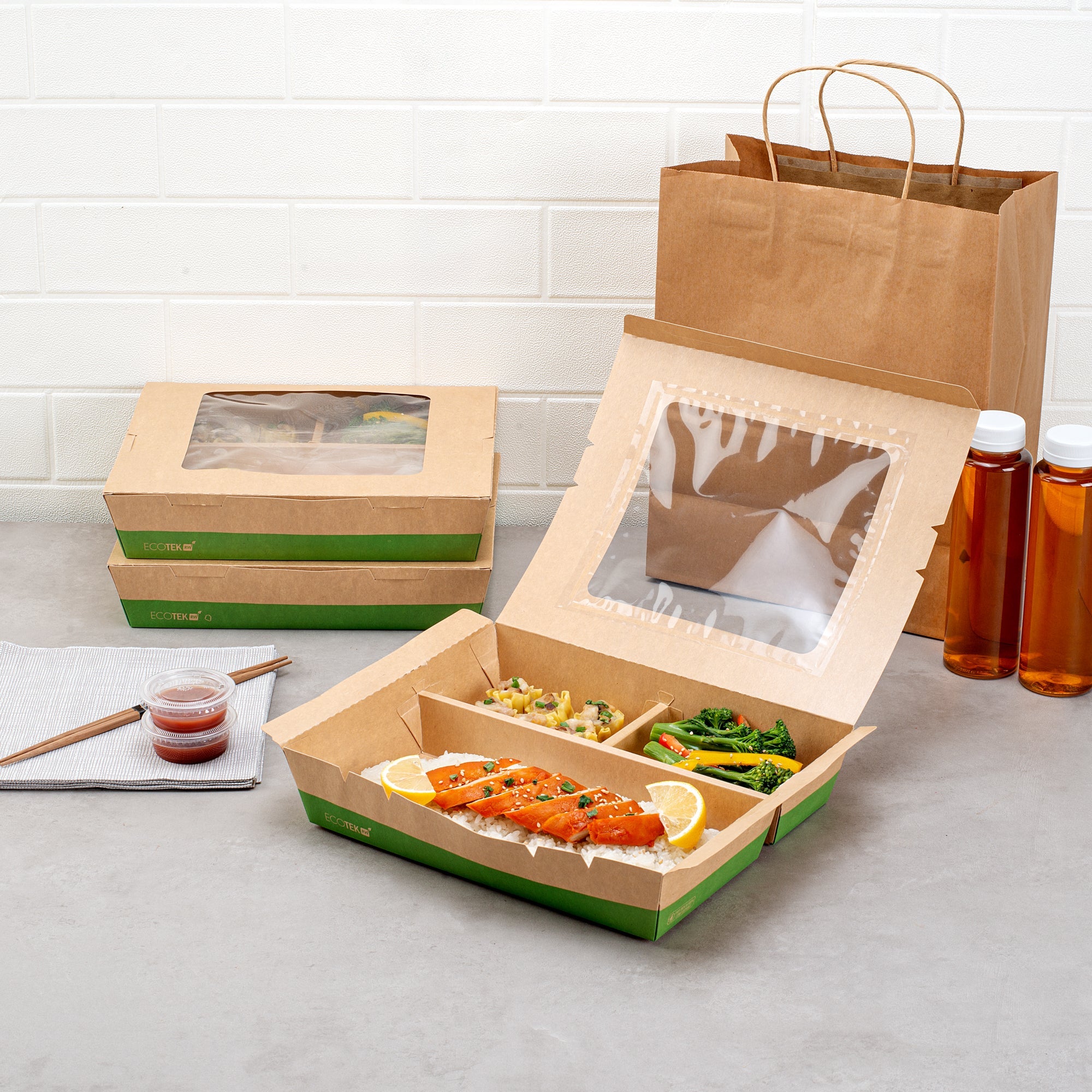 Eco Tek 78 oz Kraft and Green Paper Bento Box - with PLA Window, 3-Compartment, Compostable - 11" x 9" x 2" - 100 count box