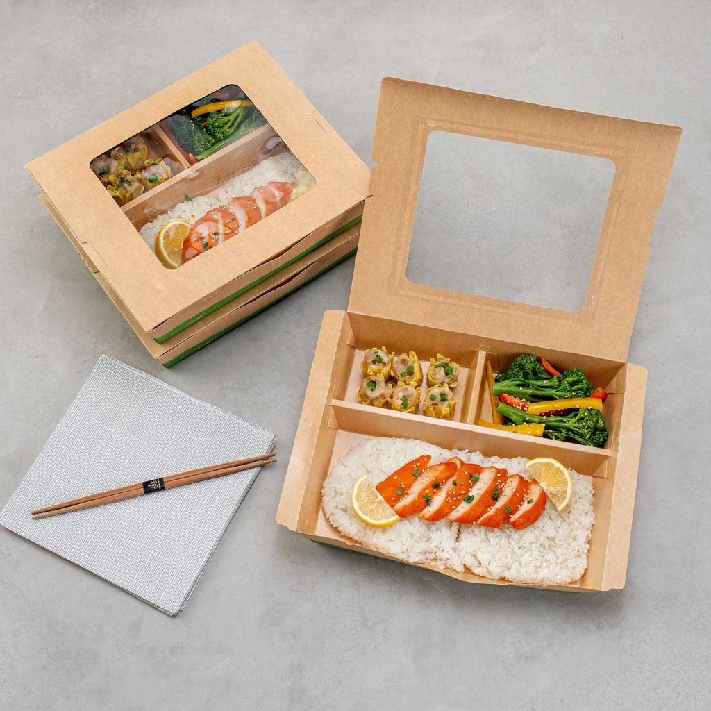 Eco Tek 78 oz Kraft and Green Paper Bento Box - with PLA Window, 3-Compartment, Compostable - 11" x 9" x 2" - 100 count box