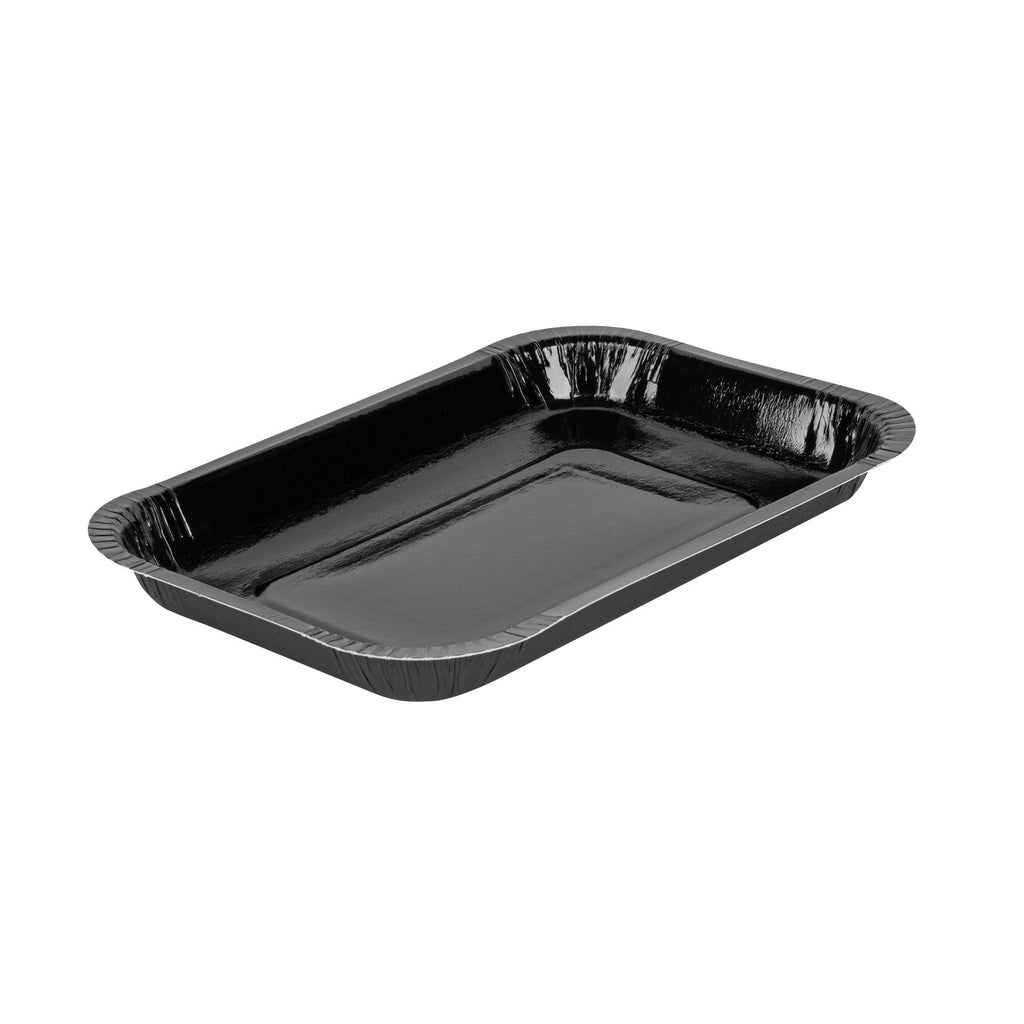 Pastry Tek 15 oz Rectangle Black Paperboard Tray - Oven-Safe - 8 1/4" x 5 1/2" x 1" - 100 count box