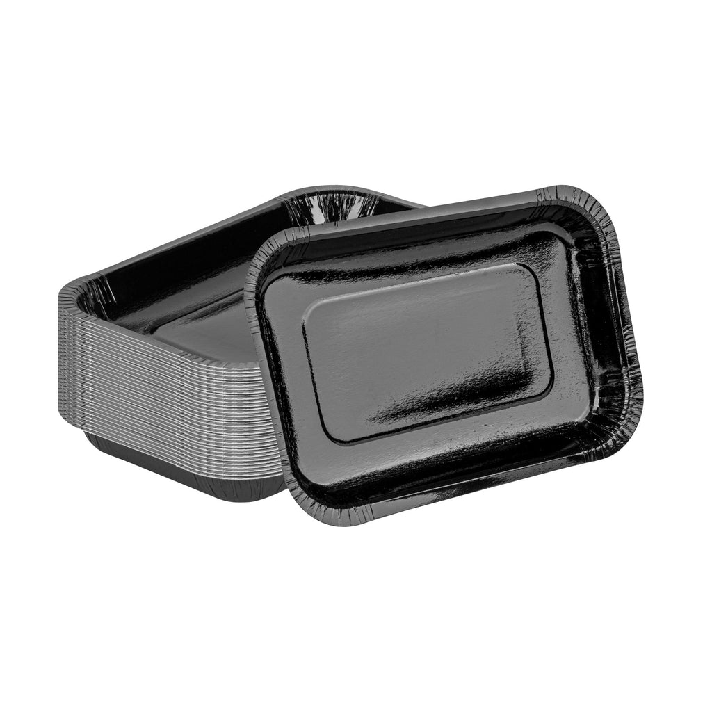 Pastry Tek 15 oz Rectangle Black Paperboard Tray - Oven-Safe - 8 1/4" x 5 1/2" x 1" - 100 count box