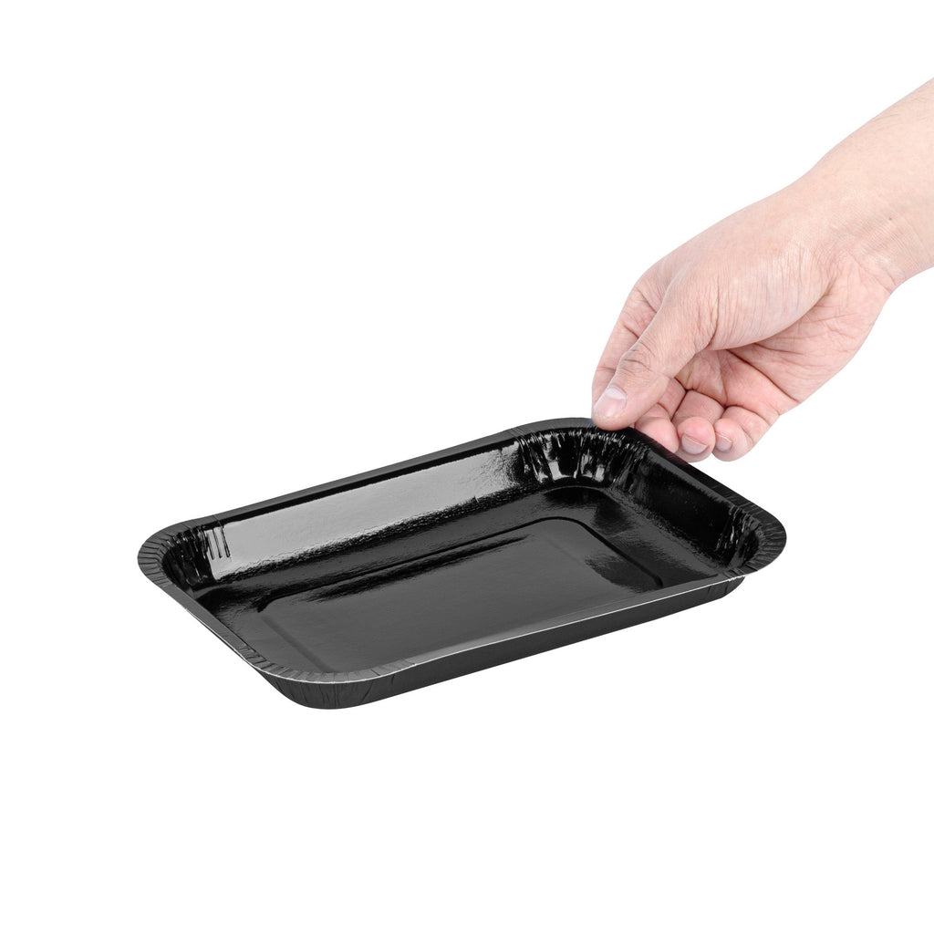 Pastry Tek 15 oz Rectangle Black Paperboard Tray - Oven-Safe - 8 1/4" x 5 1/2" x 1" - 25 count box