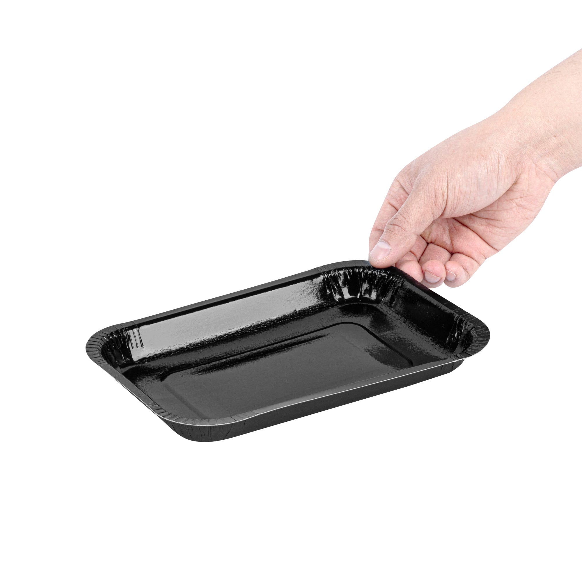 Pastry Tek 15 oz Rectangle Black Paperboard Tray - Oven-Safe - 8 1/4" x 5 1/2" x 1" - 25 count box