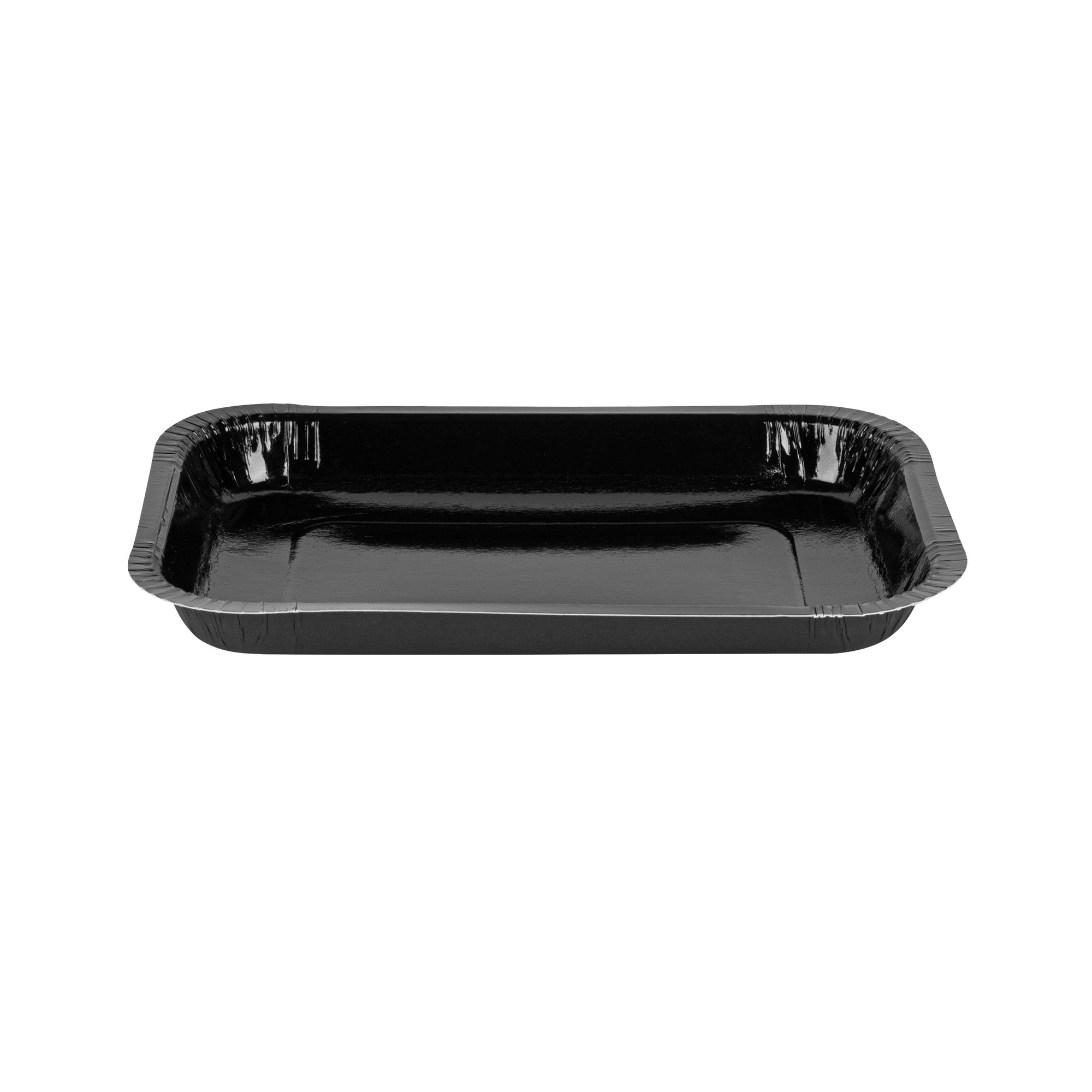 Pastry Tek 15 oz Rectangle Black Paperboard Tray - Oven-Safe - 8 1/4" x 5 1/2" x 1" - 25 count box