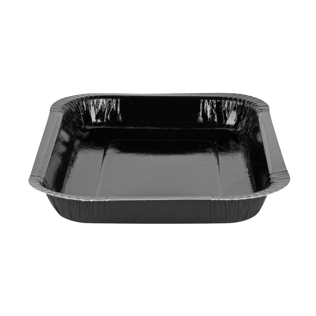 Pastry Tek 15 oz Rectangle Black Paperboard Tray - Oven-Safe - 8 1/4" x 5 1/2" x 1" - 100 count box