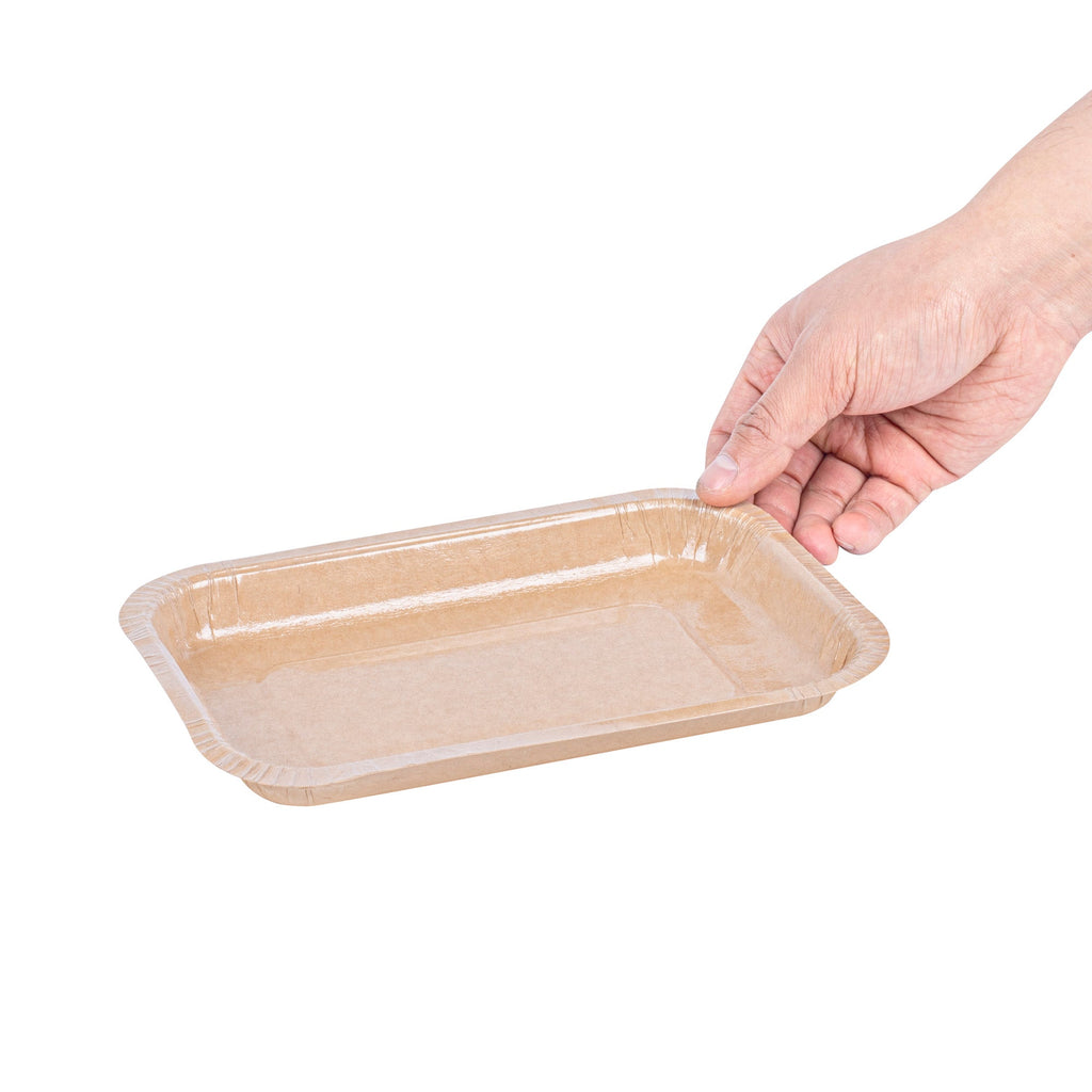 Pastry Tek 15 oz Rectangle Kraft Paperboard Tray - Oven-Safe - 8 1/4" x 5 1/2" x 1" - 100 count box
