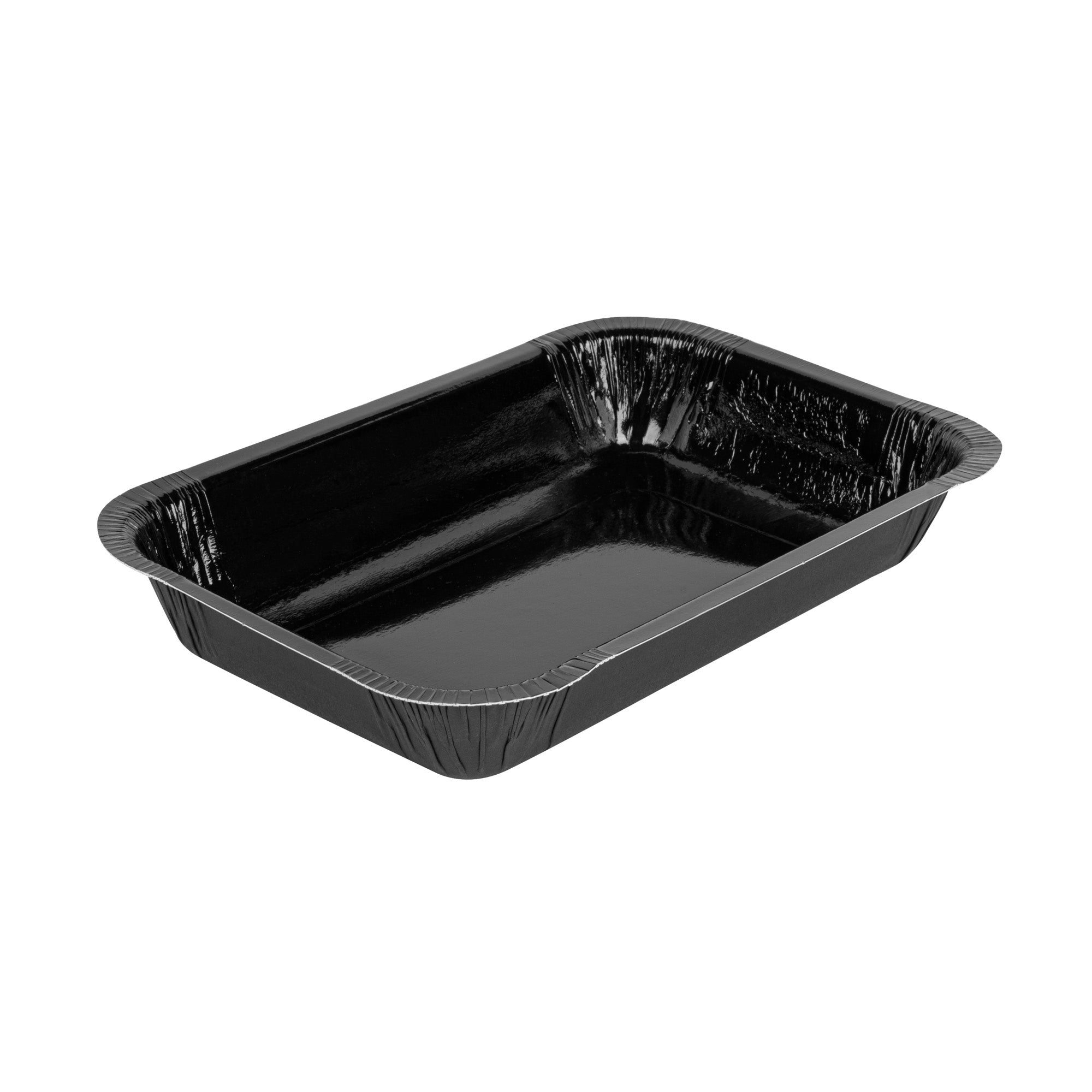 Pastry Tek 24 oz Rectangle Black Paperboard Tray - Oven-Safe - 8 1/4" x 5 1/2" x 1 1/2" - 100 count box