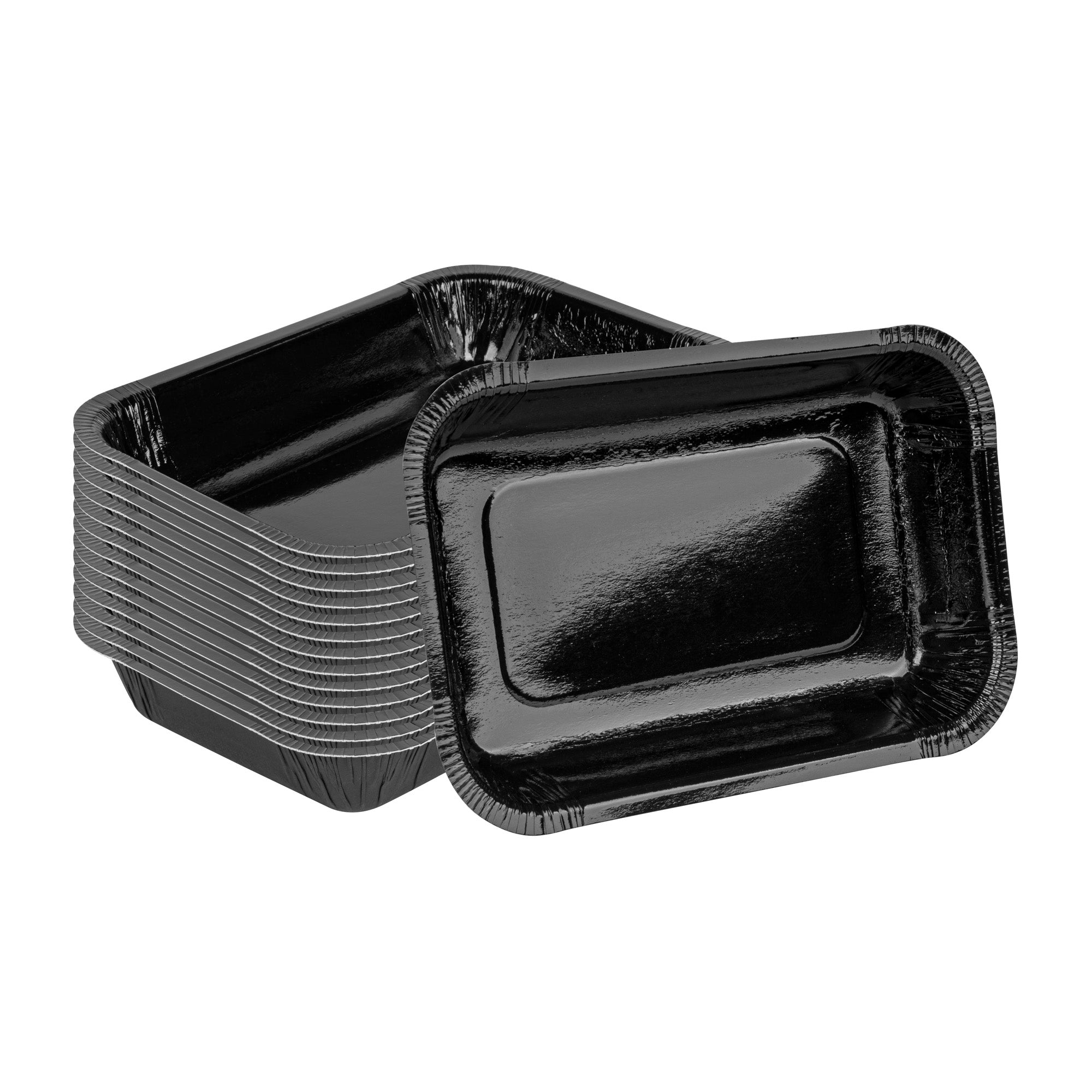 Pastry Tek 24 oz Rectangle Black Paperboard Tray - Oven-Safe - 8 1/4" x 5 1/2" x 1 1/2" - 100 count box