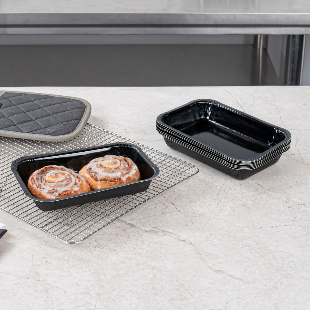 Pastry Tek 24 oz Rectangle Black Paperboard Tray - Oven-Safe - 8 1/4" x 5 1/2" x 1 1/2" - 25 count box