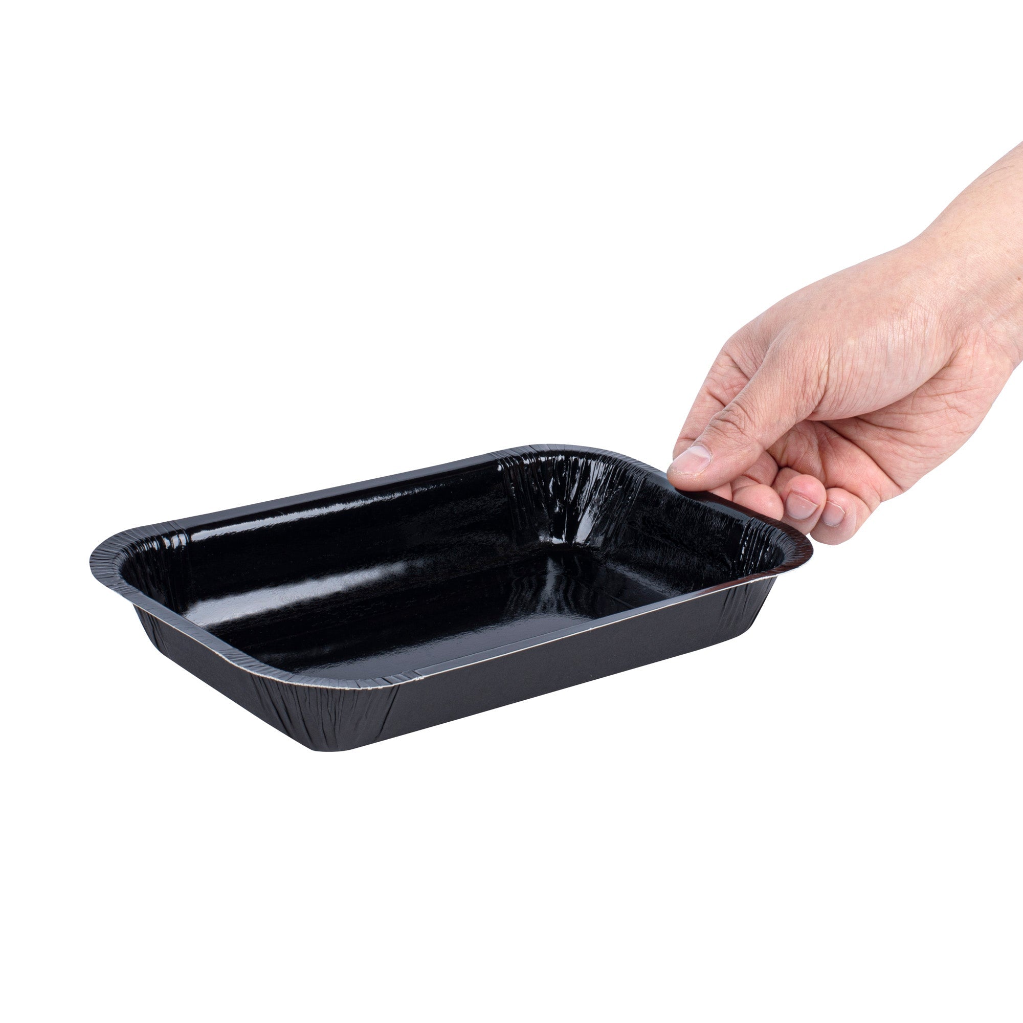Pastry Tek 24 oz Rectangle Black Paperboard Tray - Oven-Safe - 8 1/4" x 5 1/2" x 1 1/2" - 25 count box