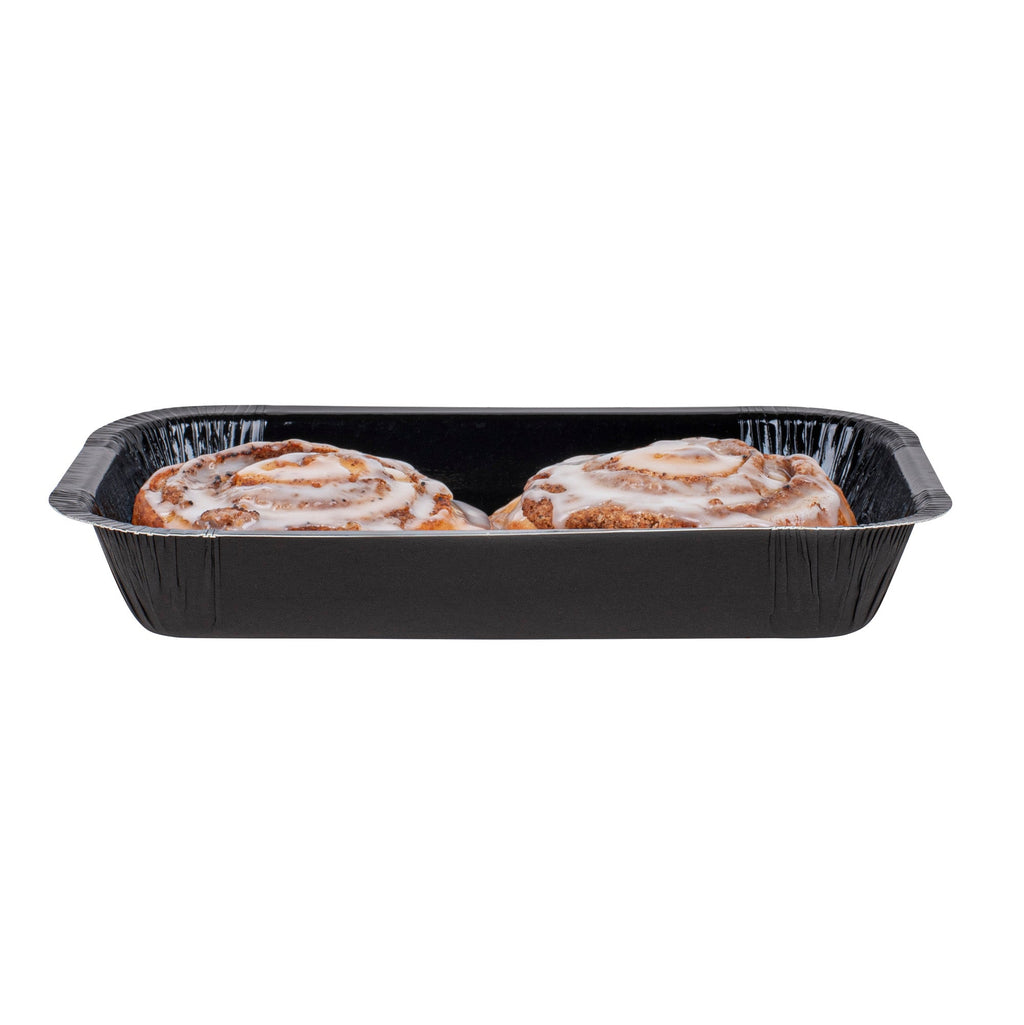 Pastry Tek 24 oz Rectangle Black Paperboard Tray - Oven-Safe - 8 1/4" x 5 1/2" x 1 1/2" - 25 count box