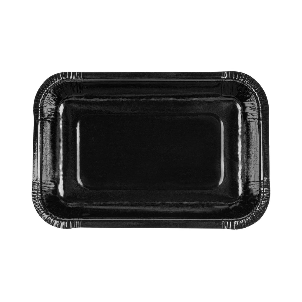 Pastry Tek 24 oz Rectangle Black Paperboard Tray - Oven-Safe - 8 1/4" x 5 1/2" x 1 1/2" - 25 count box