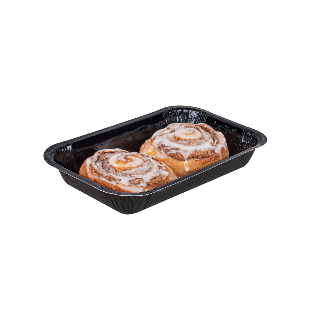 Pastry Tek 24 oz Rectangle Black Paperboard Tray - Oven-Safe - 8 1/4" x 5 1/2" x 1 1/2" - 100 count box