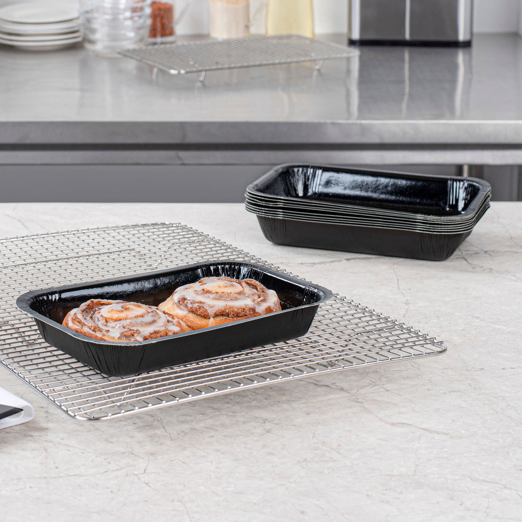 Pastry Tek 24 oz Rectangle Black Paperboard Tray - Oven-Safe - 8 1/4" x 5 1/2" x 1 1/2" - 100 count box