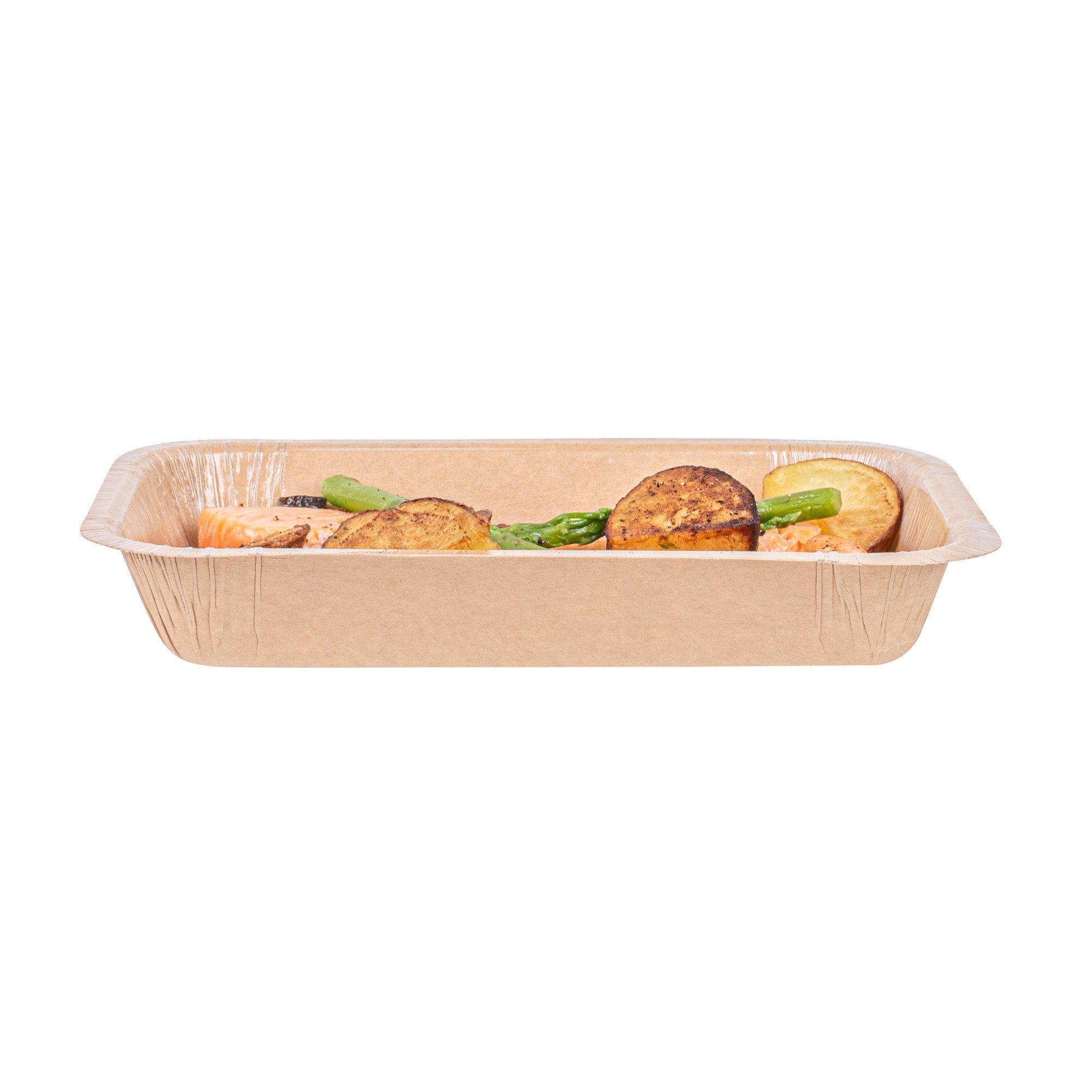Pastry Tek 24 oz Rectangle Kraft Paperboard Tray - Oven-Safe - 8 1/4" x 5 1/2" x 1 1/2" - 100 count box