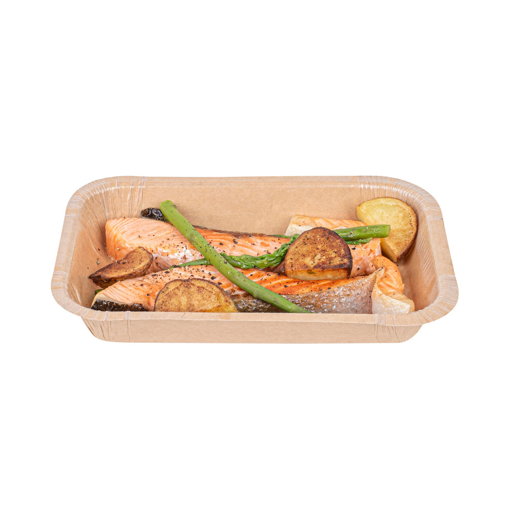 Pastry Tek 24 oz Rectangle Kraft Paperboard Tray - Oven-Safe - 8 1/4" x 5 1/2" x 1 1/2" - 100 count box