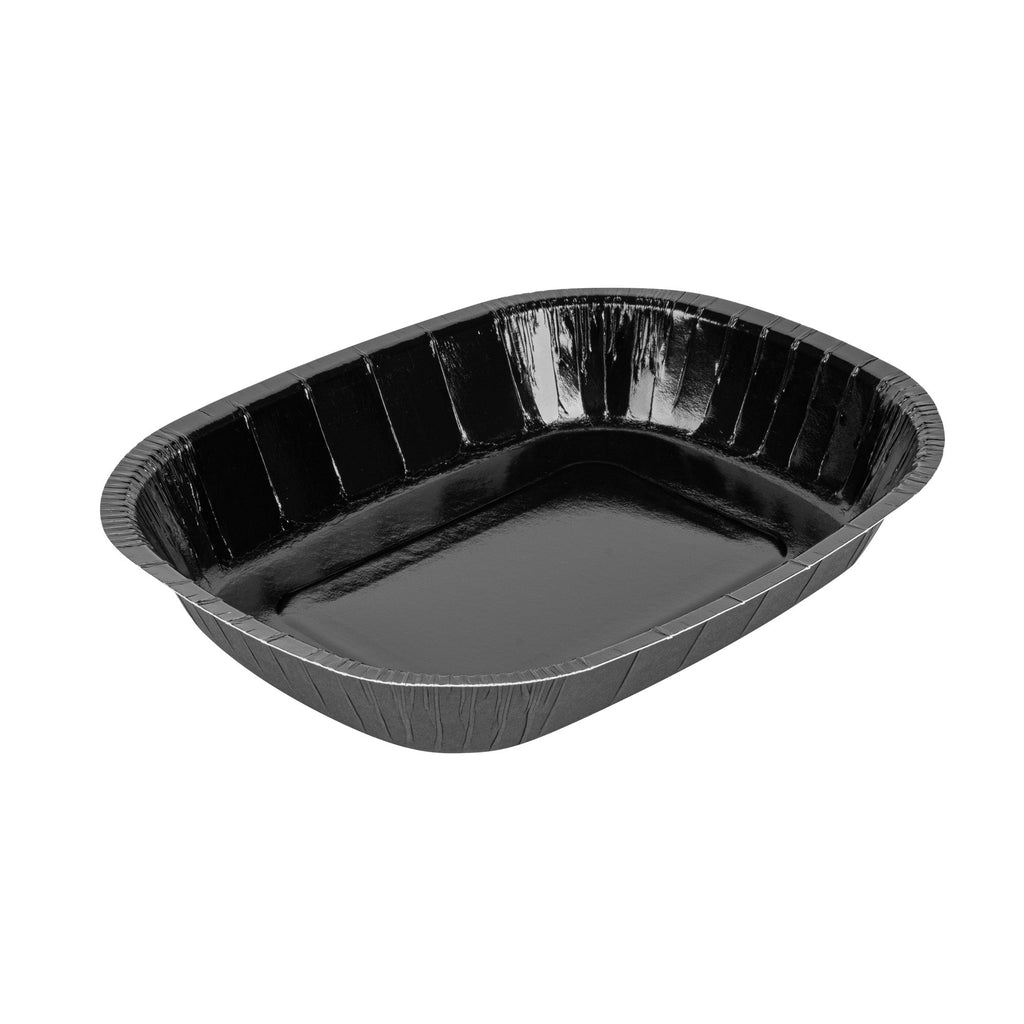 Pastry Tek 32 oz Rectangle Black Paperboard Tray - Oven-Safe - 9" x 7" x 1 3/4" - 25 count box