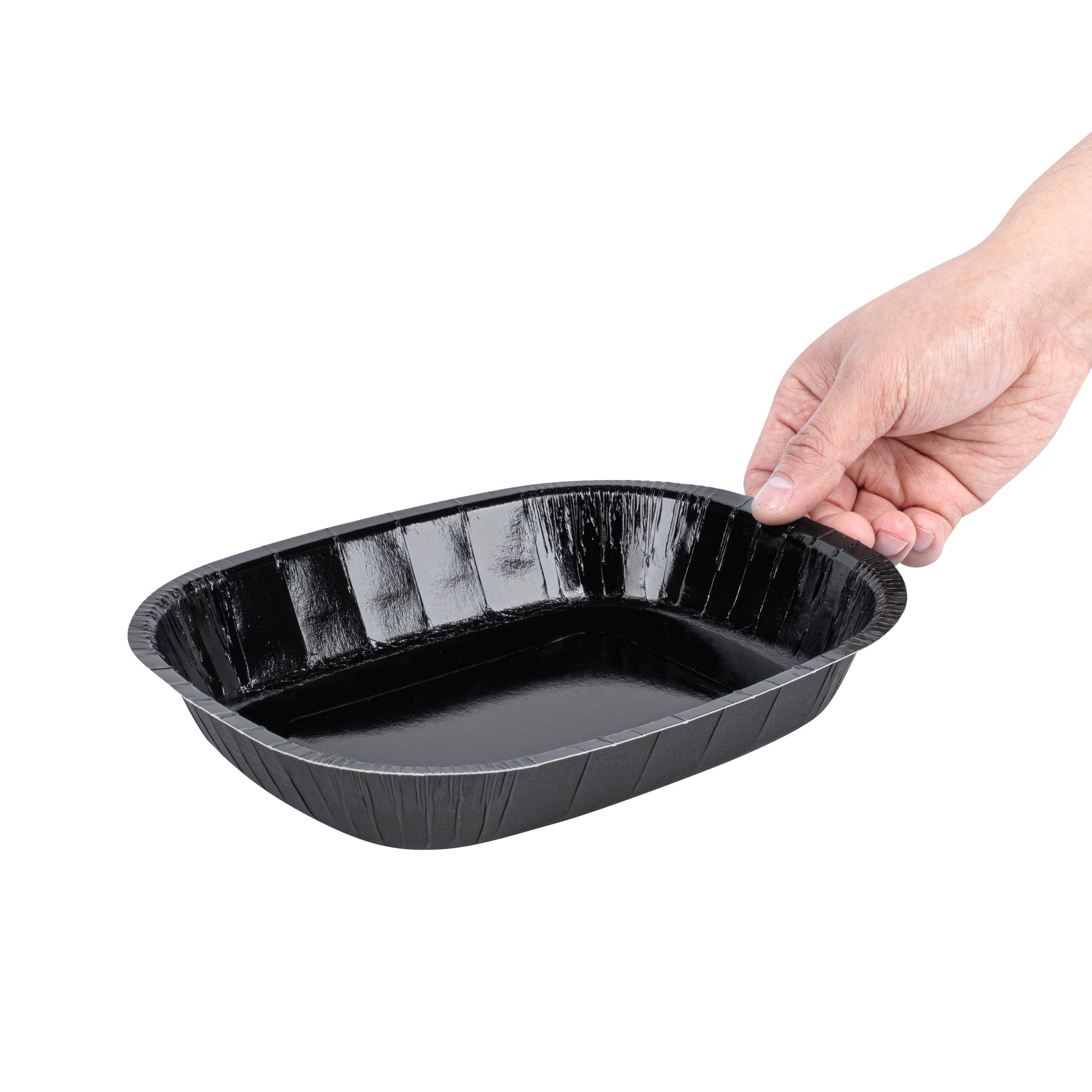 Pastry Tek 32 oz Rectangle Black Paperboard Tray - Oven-Safe - 9" x 7" x 1 3/4" - 100 count box