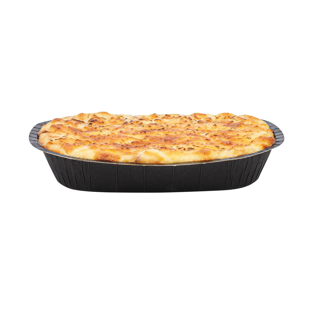 Pastry Tek 32 oz Rectangle Black Paperboard Tray - Oven-Safe - 9" x 7" x 1 3/4" - 100 count box