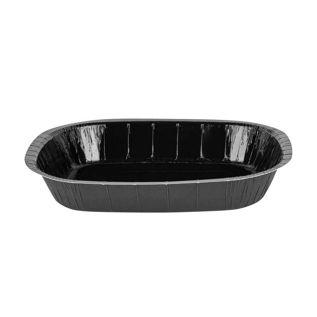 Pastry Tek 32 oz Rectangle Black Paperboard Tray - Oven-Safe - 9" x 7" x 1 3/4" - 100 count box