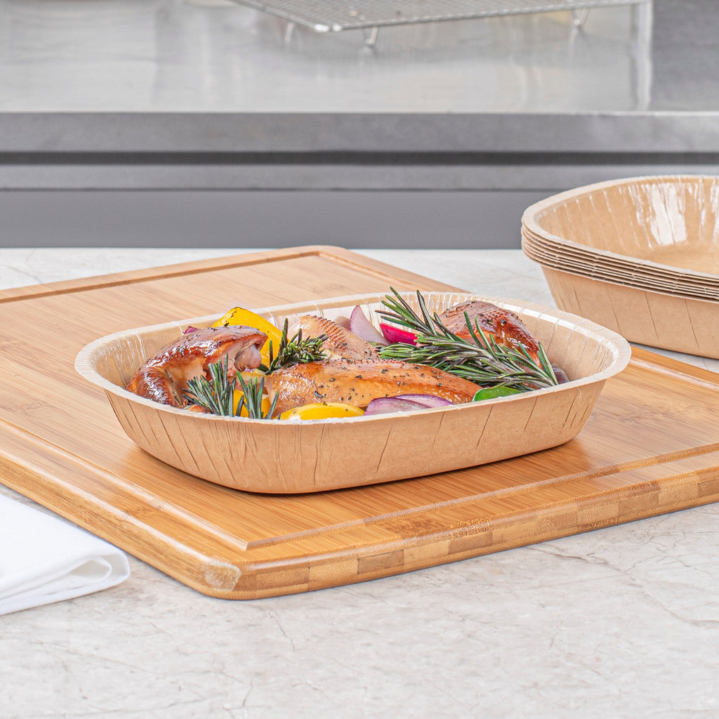 Pastry Tek 32 oz Rectangle Kraft Paperboard Tray - Oven-Safe - 9" x 7" x 1 3/4" - 25 count box