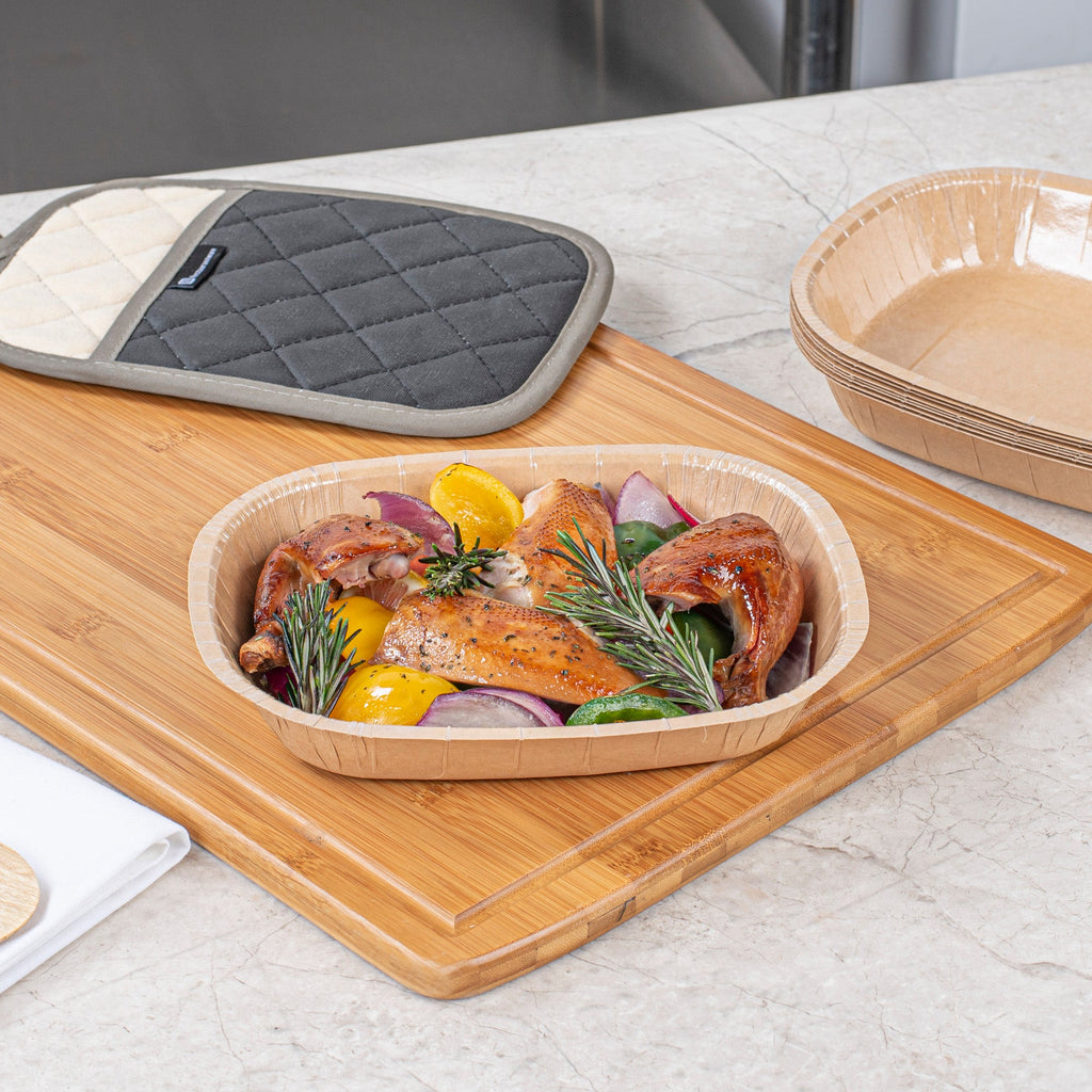 Pastry Tek 32 oz Rectangle Kraft Paperboard Tray - Oven-Safe - 9" x 7" x 1 3/4" - 100 count box