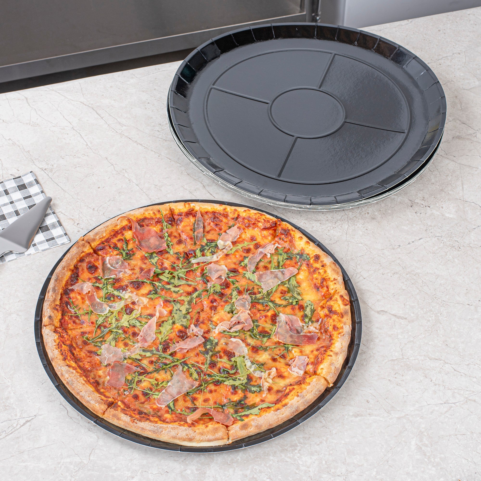 Eco Pie Round Black Paperboard Pizza Tray - Oven-Safe - 18'' - 50 count box