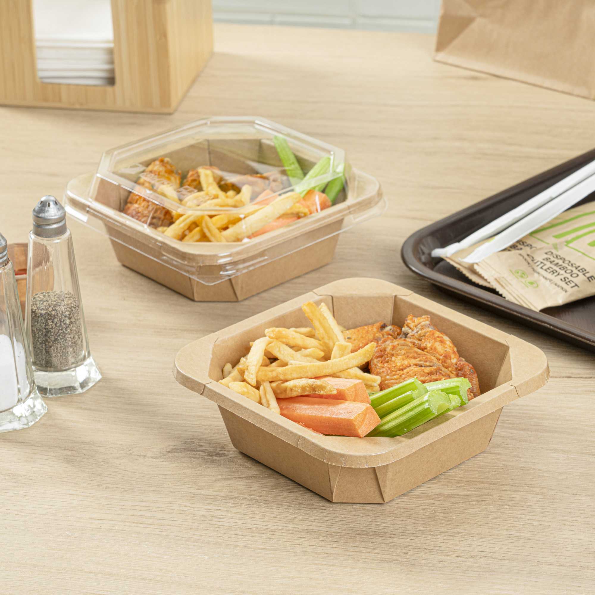 Sustain 22 oz Octagonal Kraft Paper Take Out Container - with PLA Lining, Compostable - 6" x 6" x 2" - 100 count box
