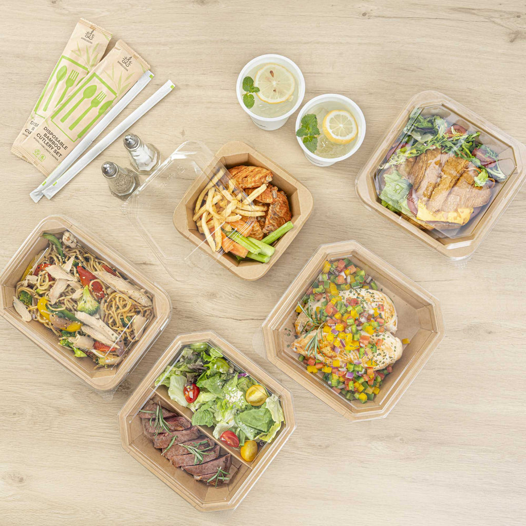 Sustain 22 oz Octagonal Kraft Paper Take Out Container - with PLA Lining, Compostable - 6" x 6" x 2" - 100 count box