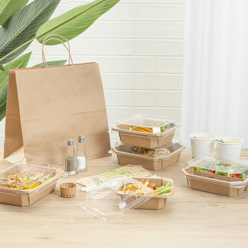 Sustain 41 oz Octagonal Kraft Paper Take Out Container - with PLA Lining, Compostable - 8 3/4" x 6" x 2" - 100 count box