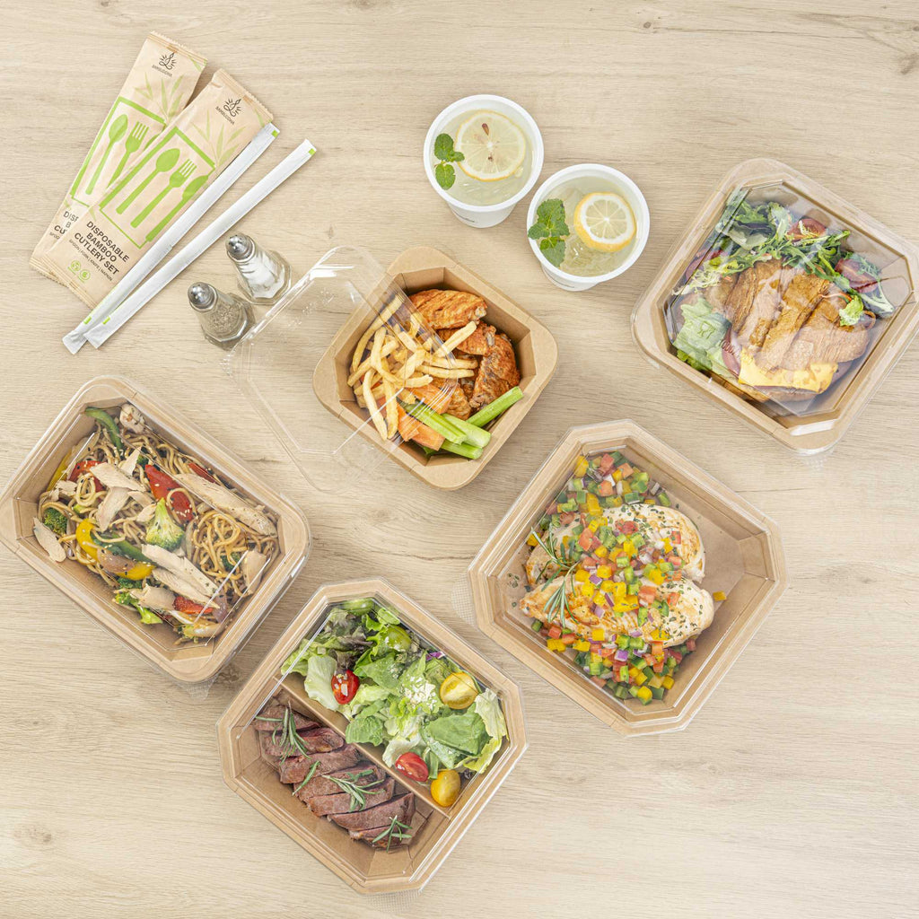 Sustain 41 oz Octagonal Kraft Paper Take Out Container - with PLA Lining, Compostable - 8 3/4" x 6" x 2" - 100 count box