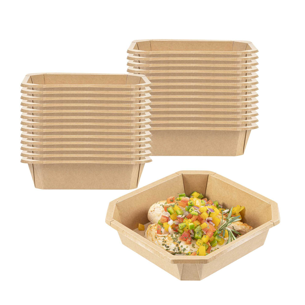 Sustain 41 oz Octagonal Kraft Paper Take Out Container - with PLA Lining, Compostable - 7 3/4" x 7 3/4" x 2" - 25 count box