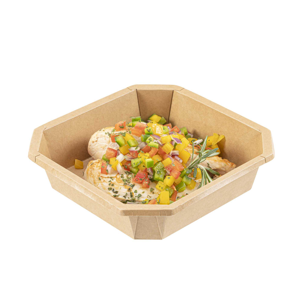 Sustain 41 oz Octagonal Kraft Paper Take Out Container - with PLA Lining, Compostable - 7 3/4" x 7 3/4" x 2" - 25 count box