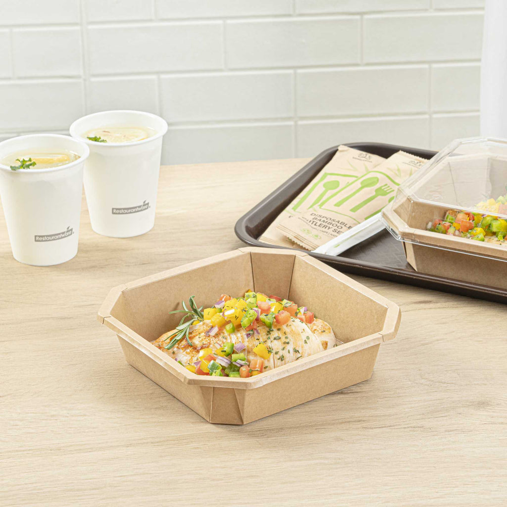 Sustain 41 oz Octagonal Kraft Paper Take Out Container - with PLA Lining, Compostable - 7 3/4" x 7 3/4" x 2" - 25 count box