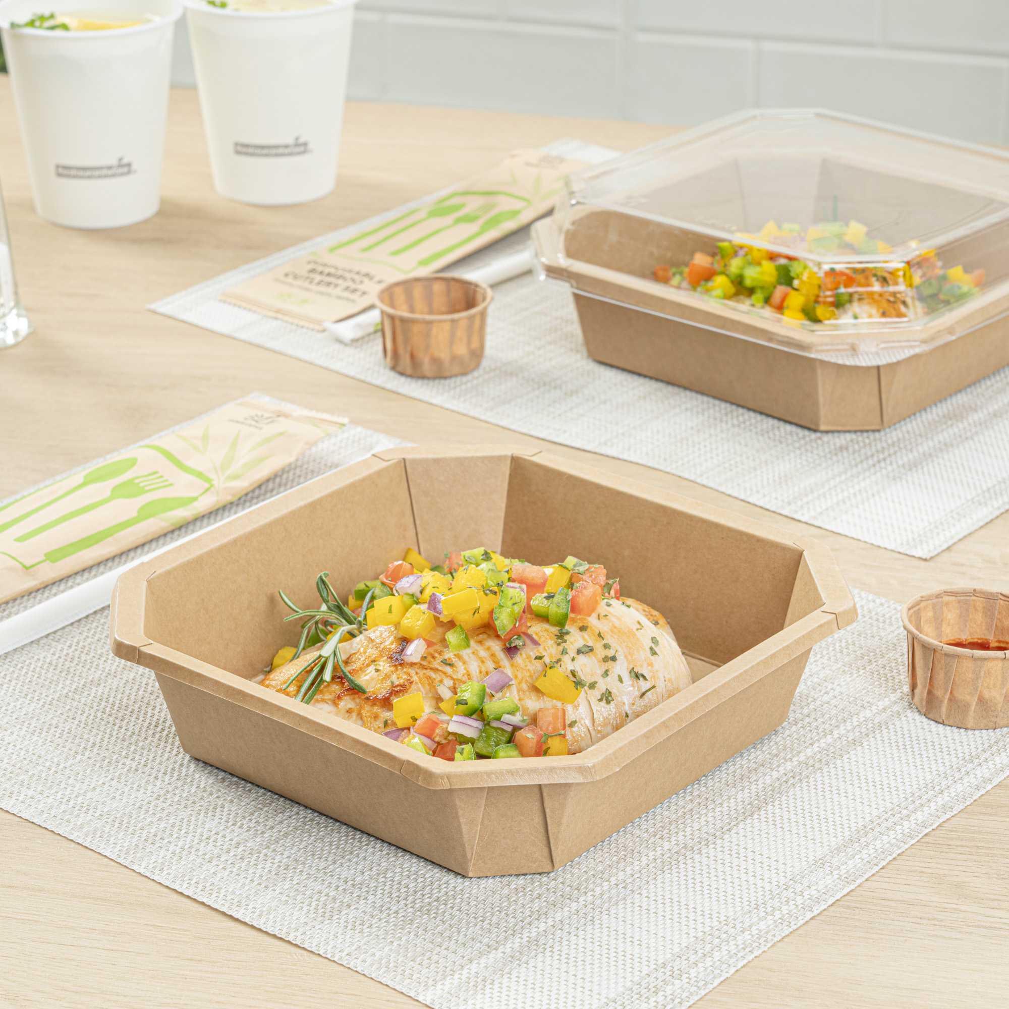 Sustain 41 oz Octagonal Kraft Paper Take Out Container - with PLA Lining, Compostable - 7 3/4" x 7 3/4" x 2" - 100 count box