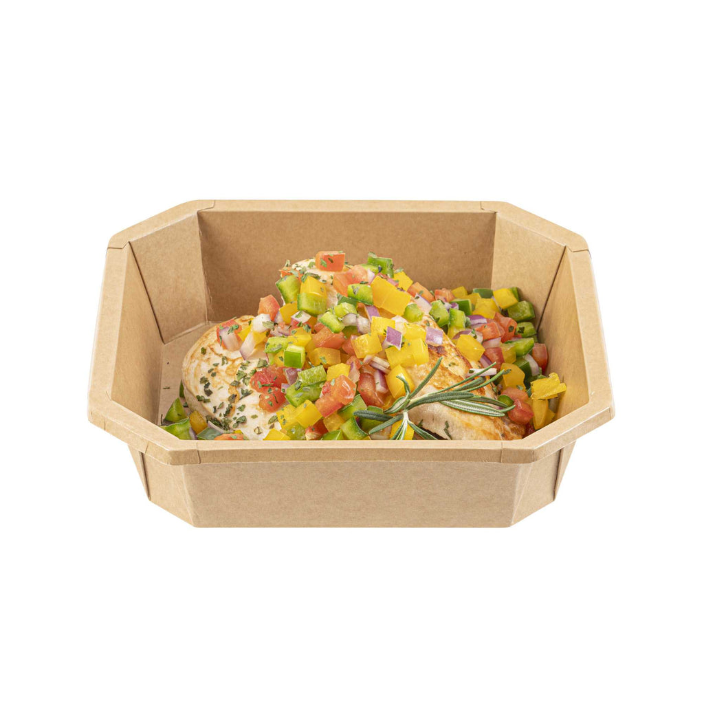 Sustain 41 oz Octagonal Kraft Paper Take Out Container - with PLA Lining, Compostable - 7 3/4" x 7 3/4" x 2" - 100 count box