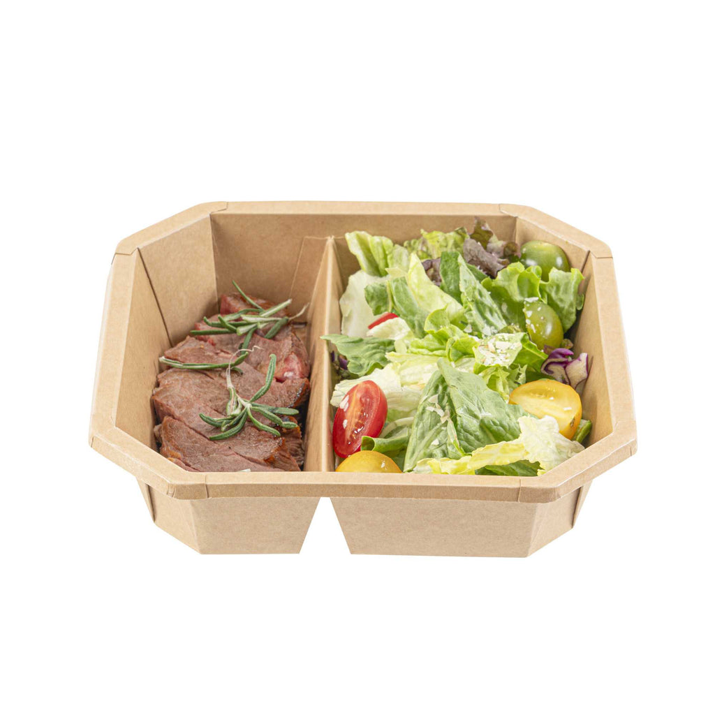 Sustain 41 oz Octagonal Kraft Paper Take Out Container - 2 Compartments, PLA Lining, Compostable - 7 3/4" x 7 3/4" x 2" - 25 count box