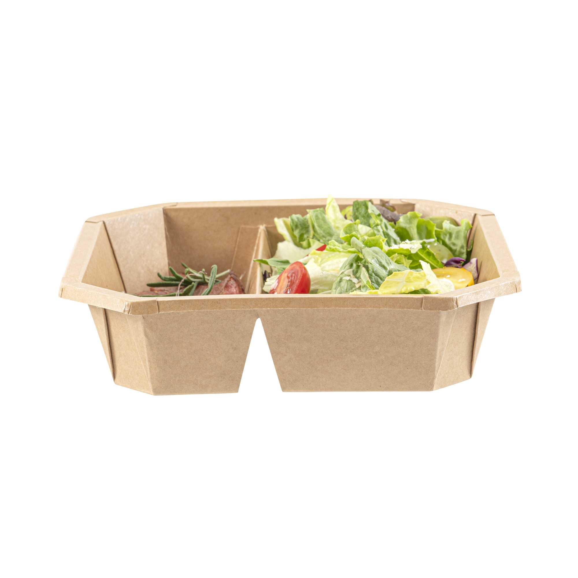 Sustain 41 oz Octagonal Kraft Paper Take Out Container - 2 Compartments, PLA Lining, Compostable - 7 3/4" x 7 3/4" x 2" - 25 count box