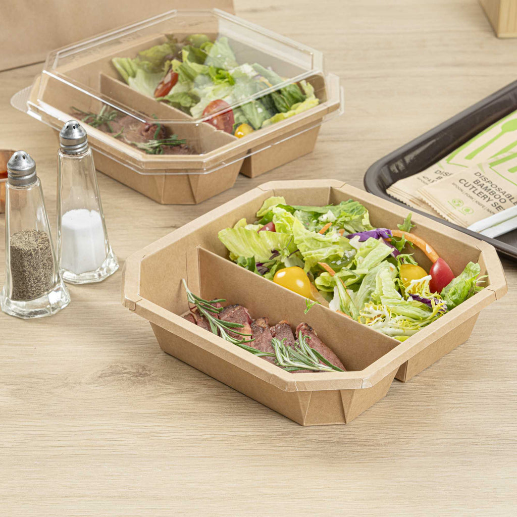 Sustain 41 oz Octagonal Kraft Paper Take Out Container - 2 Compartments, PLA Lining, Compostable - 7 3/4" x 7 3/4" x 2" - 25 count box