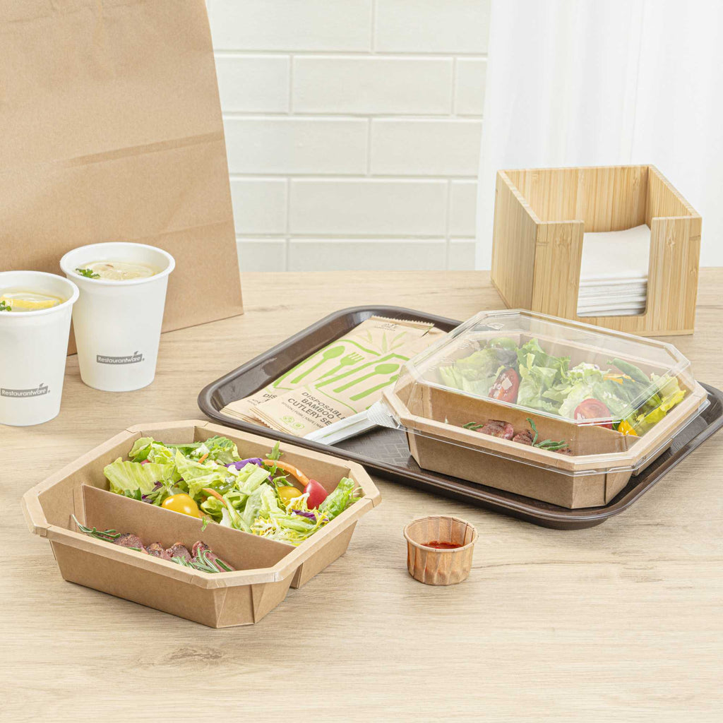 Sustain 41 oz Octagonal Kraft Paper Take Out Container - 2 Compartments, PLA Lining, Compostable - 7 3/4" x 7 3/4" x 2" - 25 count box