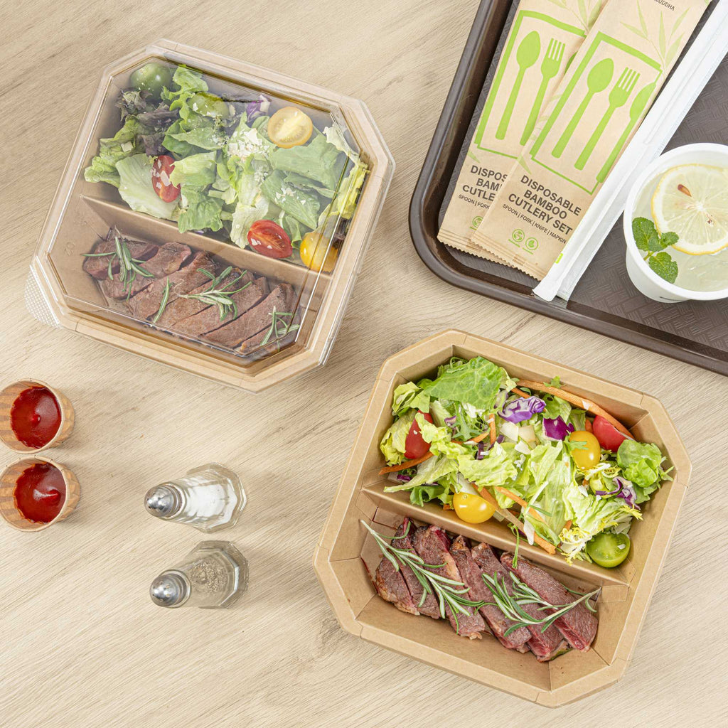Sustain 41 oz Octagonal Kraft Paper Take Out Container - 2 Compartments, PLA Lining, Compostable - 7 3/4" x 7 3/4" x 2" - 25 count box