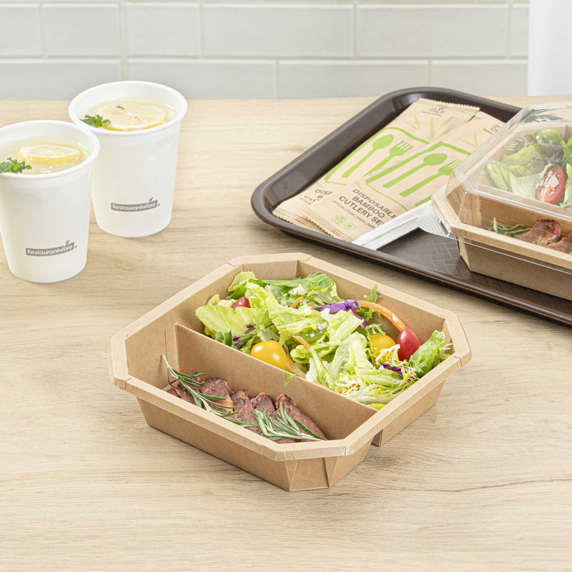 Sustain 41 oz Octagonal Kraft Paper Take Out Container - 2 Compartments, PLA Lining, Compostable - 7 3/4" x 7 3/4" x 2" - 100 count box