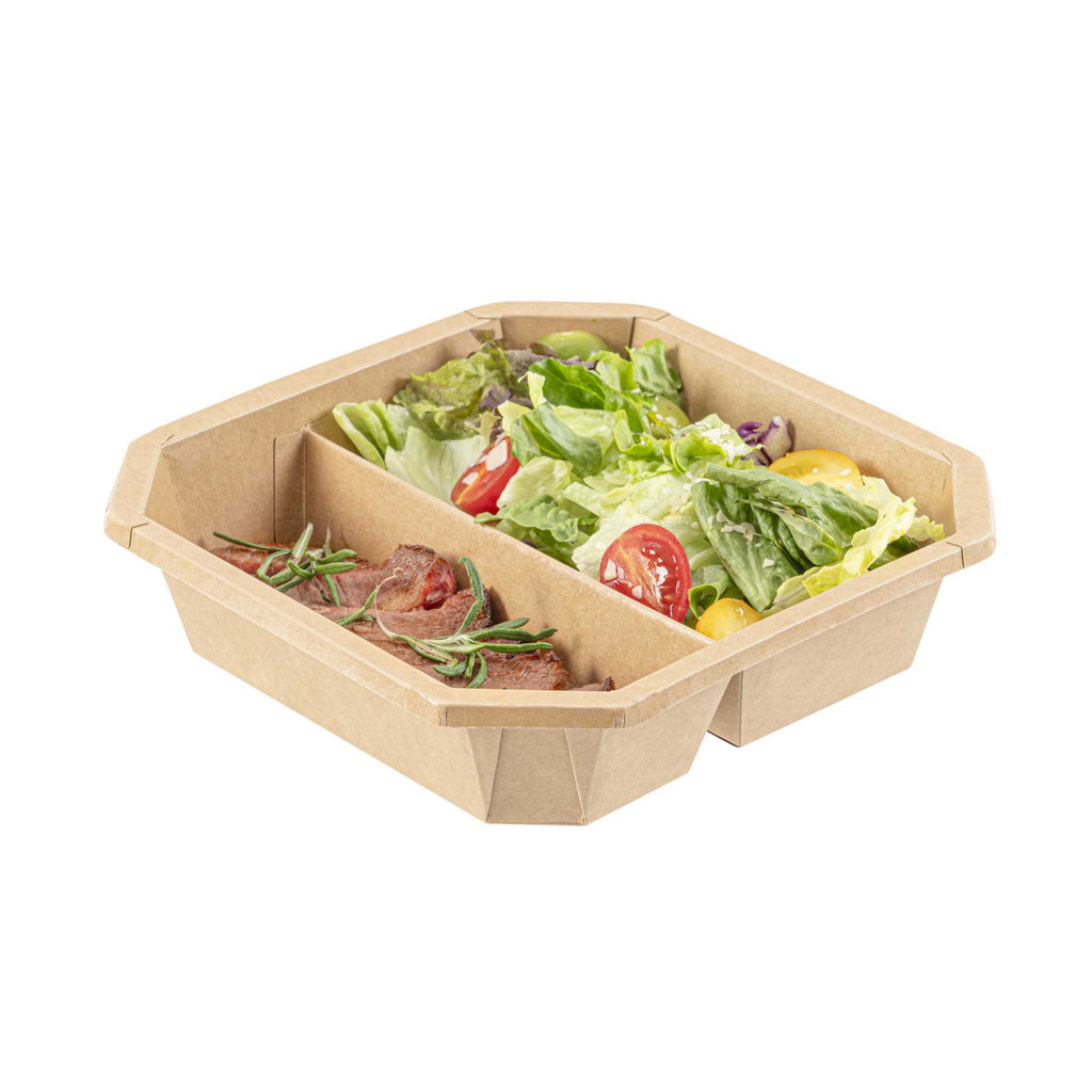 Sustain 41 oz Octagonal Kraft Paper Take Out Container - 2 Compartments, PLA Lining, Compostable - 7 3/4" x 7 3/4" x 2" - 100 count box