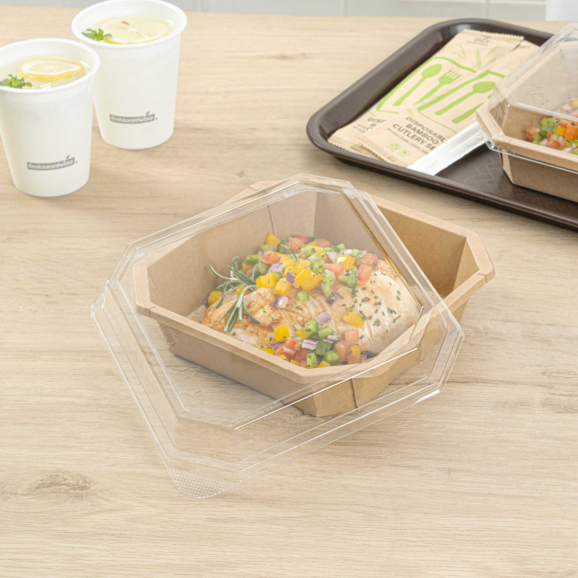 Sustain Octagonal Clear PLA Plastic Dome Lid - Fits 41 oz Container - 7 3/4" x 7 3/4" x 1 1/4" - 25 count box