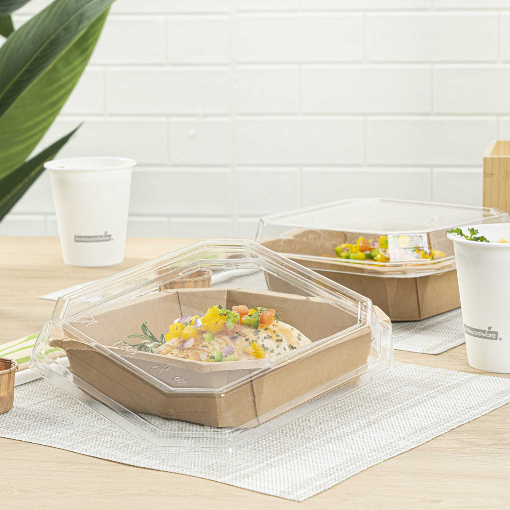 Sustain Octagonal Clear PLA Plastic Dome Lid - Fits 41 oz Container - 7 3/4" x 7 3/4" x 1 1/4" - 100 count box