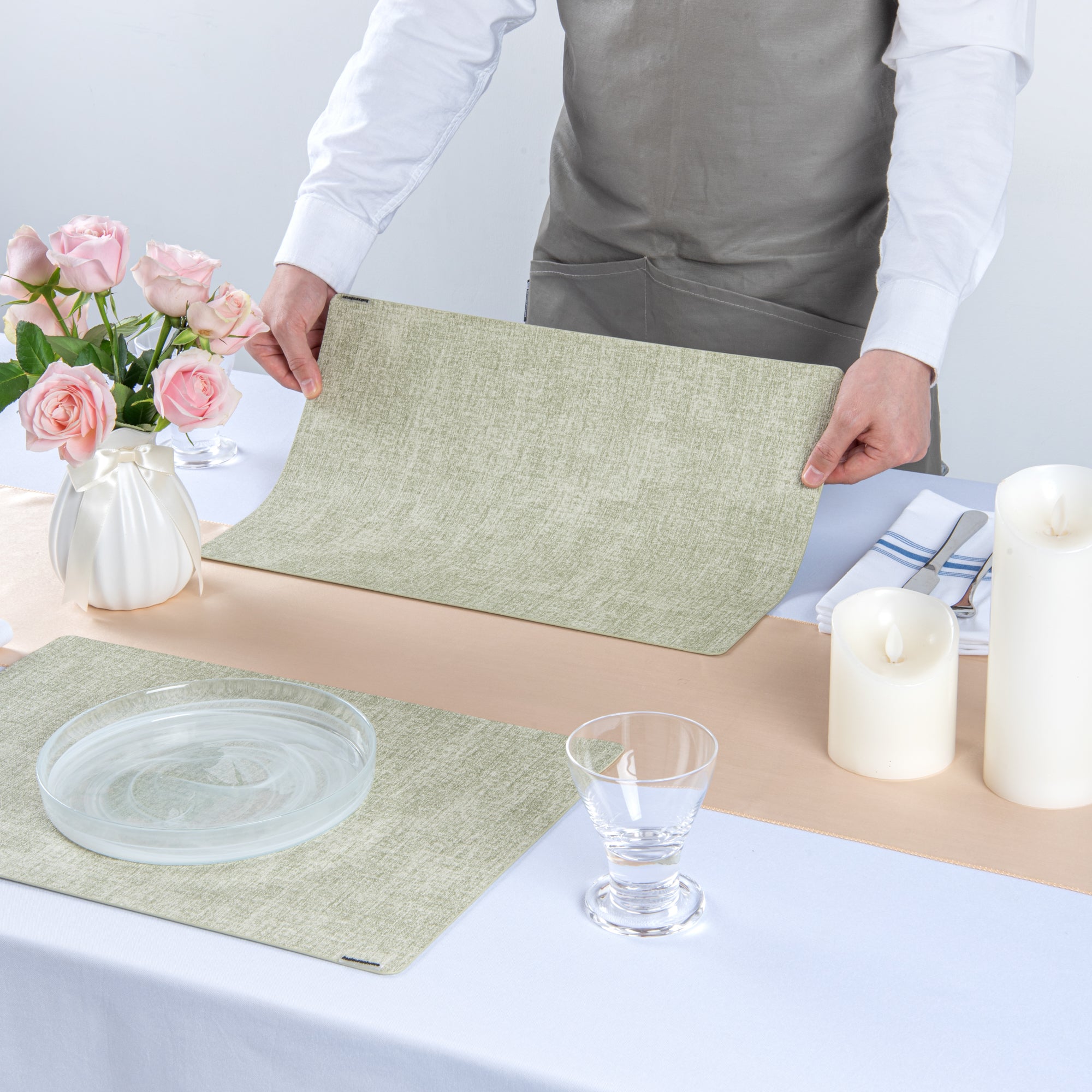 Denim Mesh Rectangle Green Vinyl Linen-Feel Placemat - 17 3/4" x 11 3/4" - 6 count box