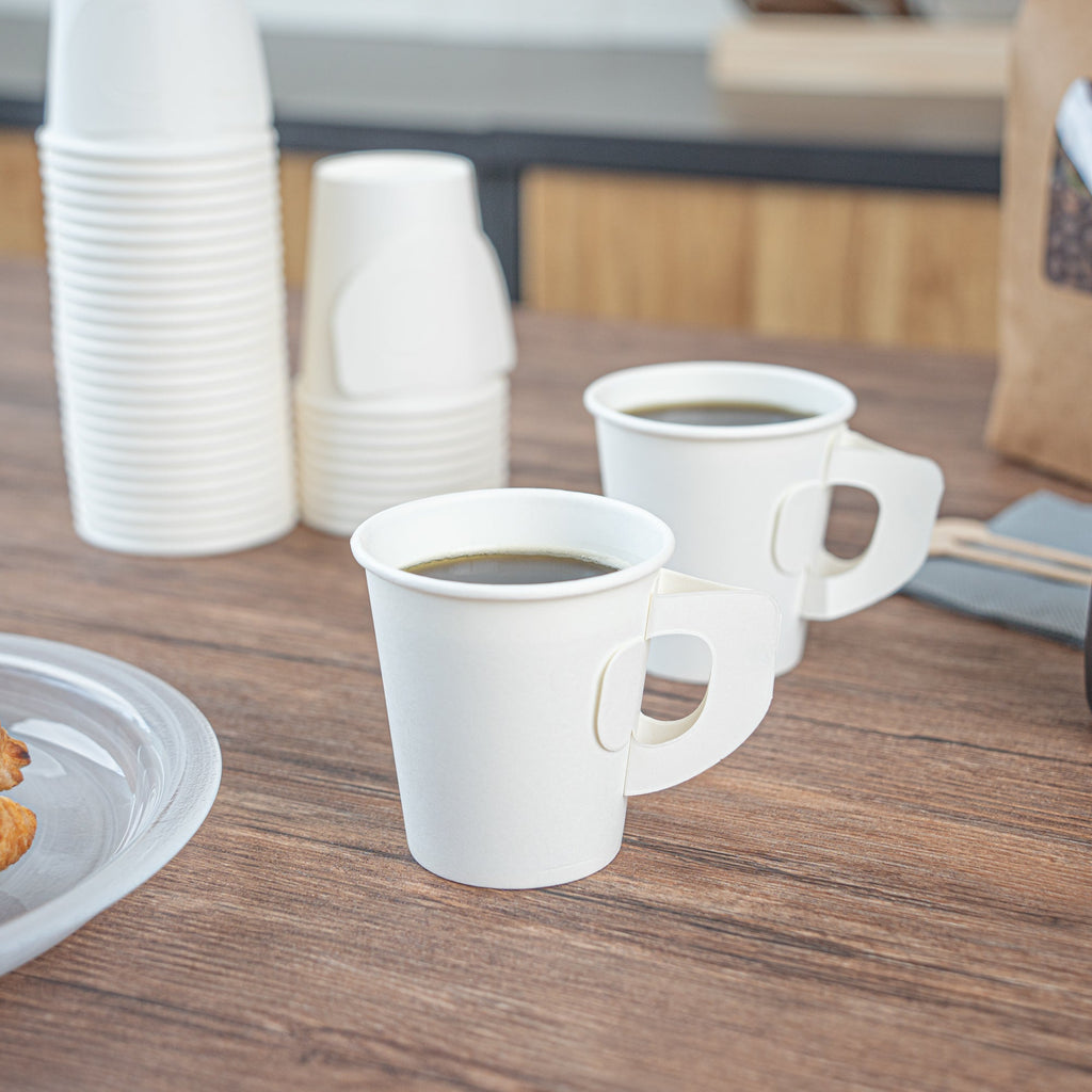 Restpresso 7 oz White Paper Coffee Cup - with Handle, Single Wall - 2 3/4" x 2 3/4" x 3" - 100 count box