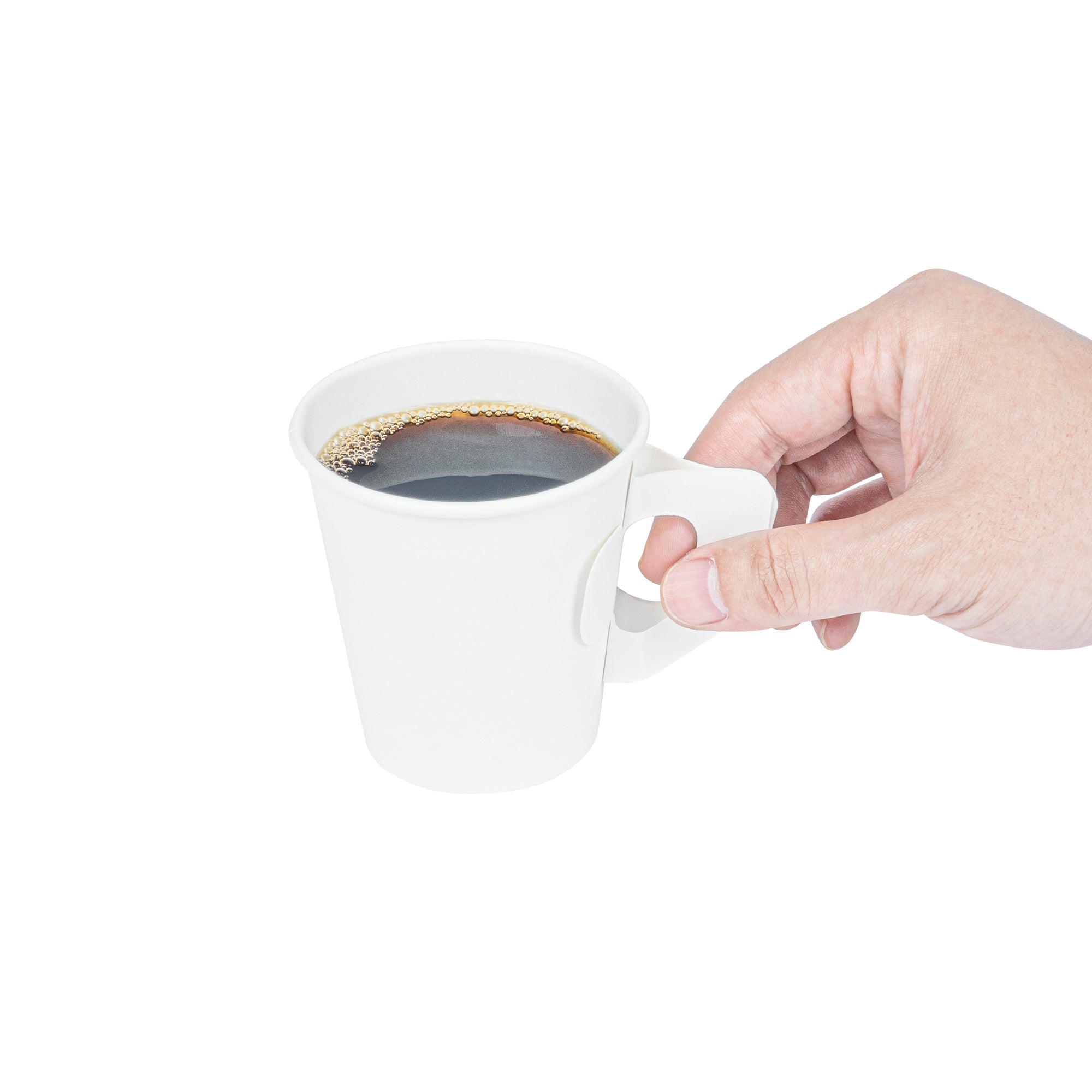 Restpresso 7 oz White Paper Coffee Cup - with Handle, Single Wall - 2 3/4" x 2 3/4" x 3" - 100 count box