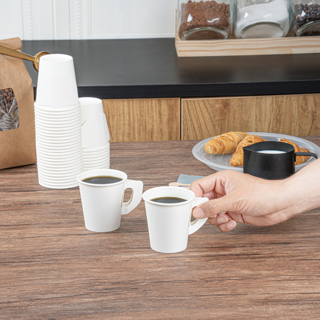 Restpresso 7 oz White Paper Coffee Cup - with Handle, Single Wall - 2 3/4" x 2 3/4" x 3" - 100 count box