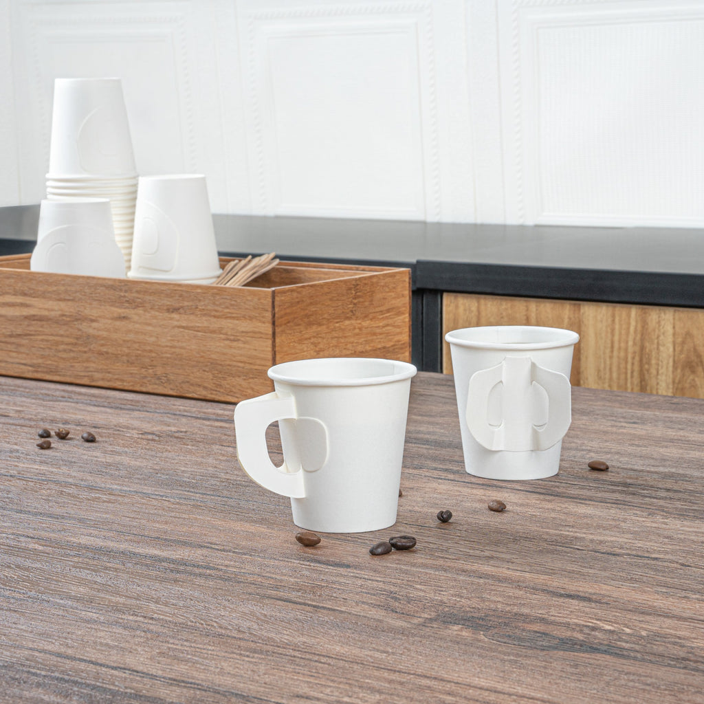 Restpresso 7 oz White Paper Coffee Cup - with Handle, Single Wall - 2 3/4" x 2 3/4" x 3" - 100 count box