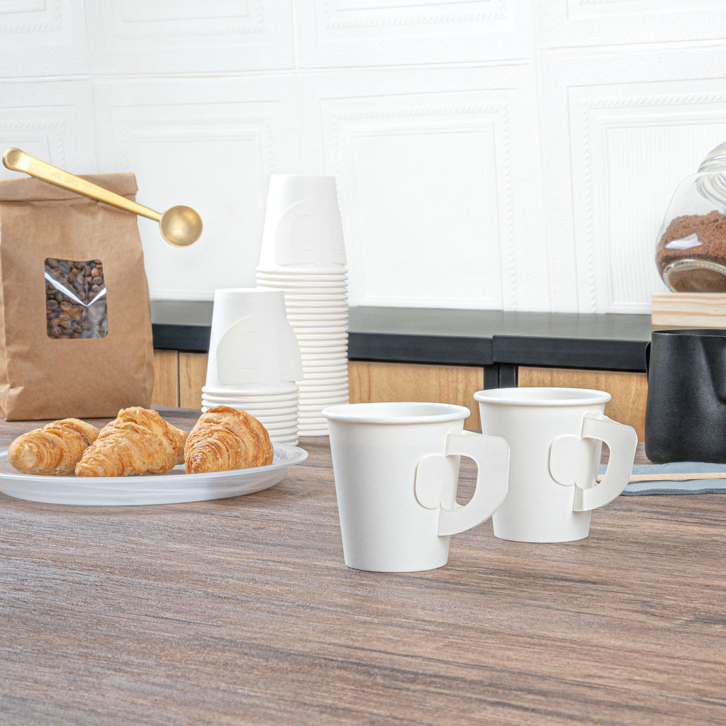 Restpresso 7 oz White Paper Coffee Cup - with Handle, Single Wall - 2 3/4" x 2 3/4" x 3" - 1000 count box